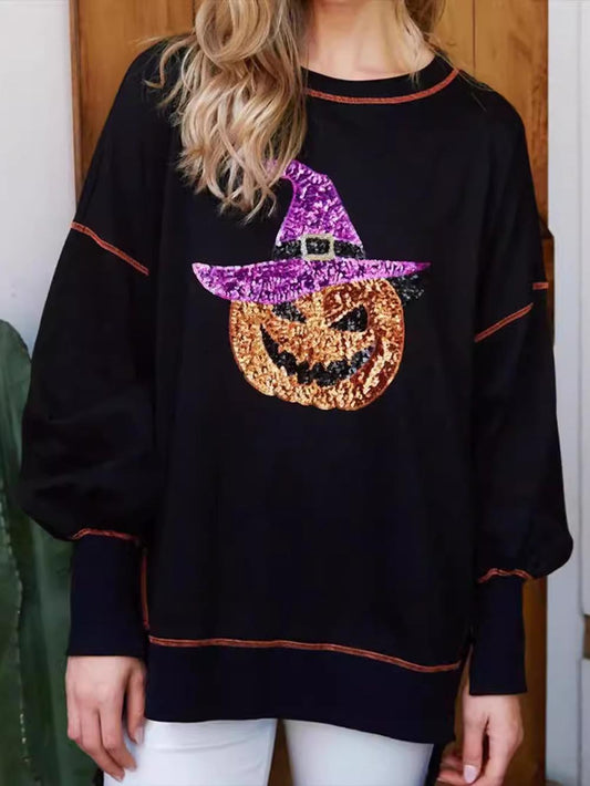 Oversized Sequin Pumpkin Reverse Seam Pullover