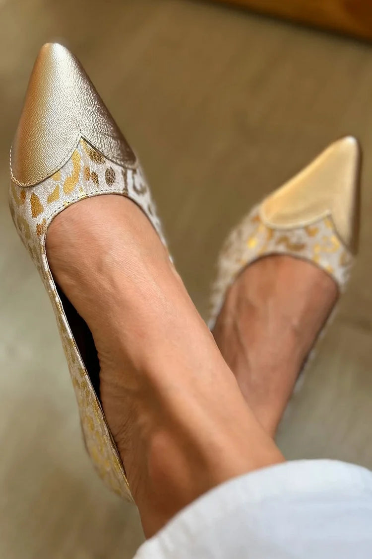 Scarpe basse dorate con punta affilata e stampa leopardata metallizzata [Pre-ordine]
