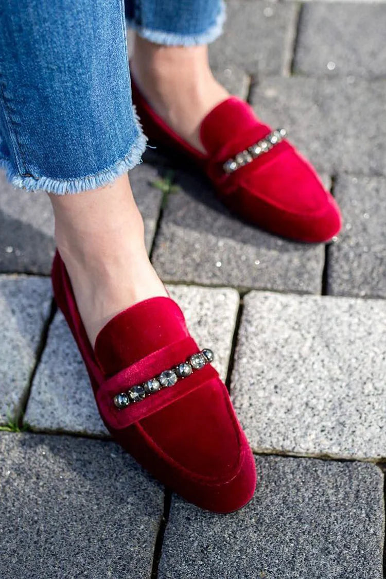 Velvet Rhinestone Decor Round Toe Red Loafers [Pre Order]