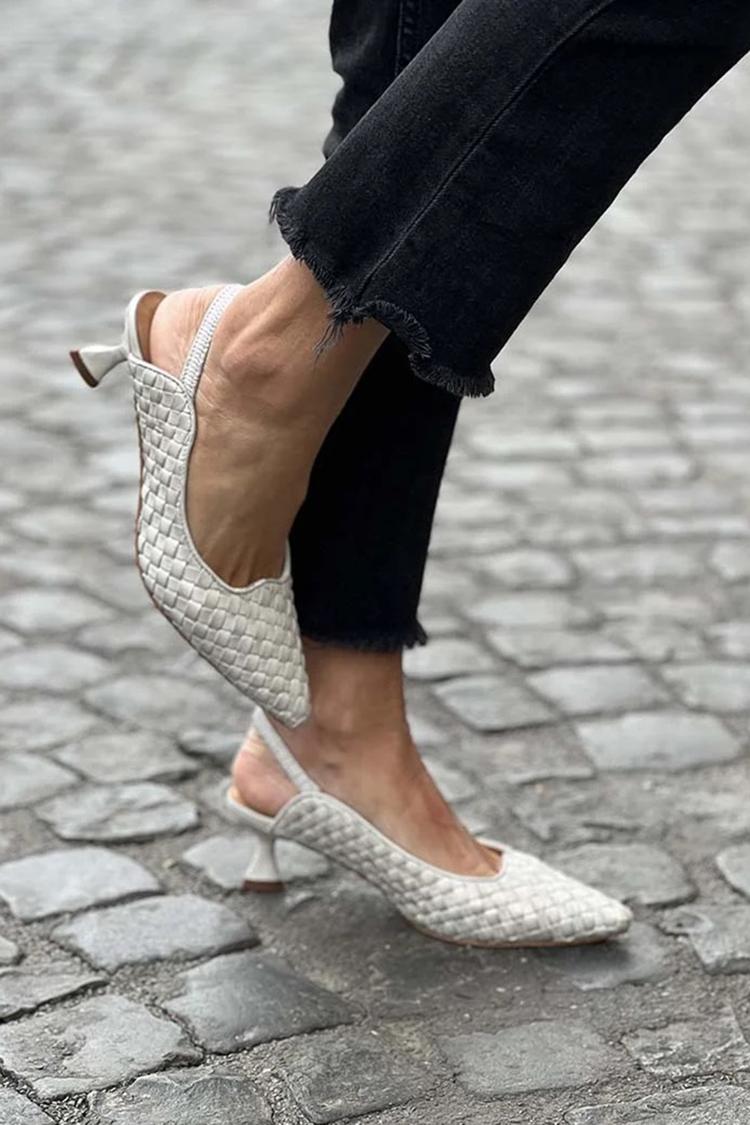 Woven Pointed Toe Solid Color Slingback Beige Low Heels [Pre Order]