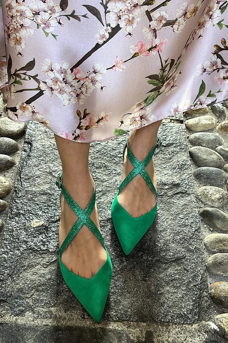 Glittering Cross Strap Buckle Pointed Toe Green Flats [Pre Order]