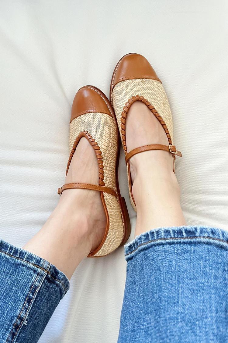 Instep Strap Buckle Patchwork Round Toe Khaki Flats [Pre Order]