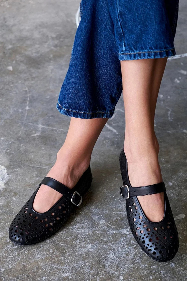 Round Toe Hollow Out Instep Strap Buckle Black Flats