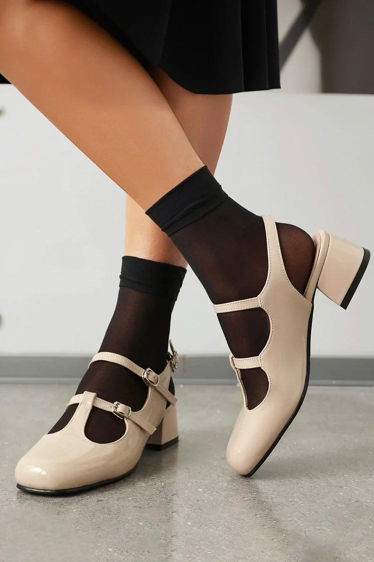 Cinghie sul collo del piede, fibbie, tinta unita, punta quadrata, cinturino posteriore, tacco grosso