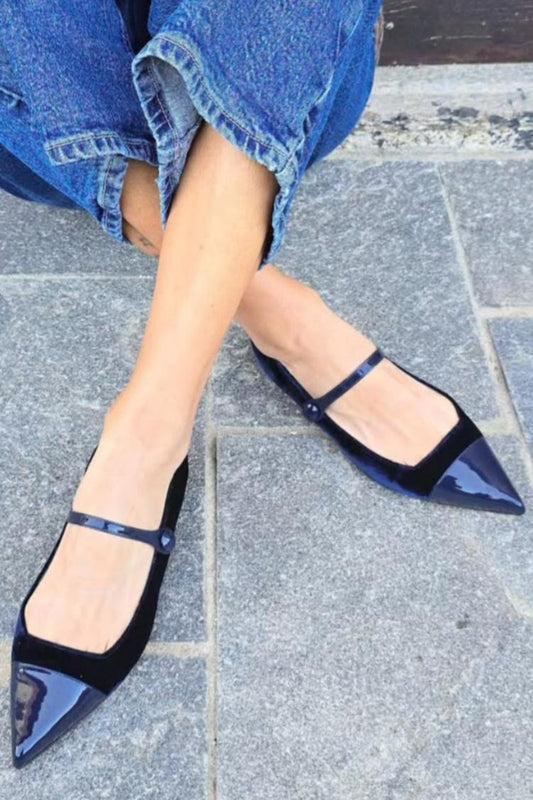 Instep-Riemen Samt Patchwork Spitz zulaufende Zehe Navy Ballerinas [Vorbestellung]