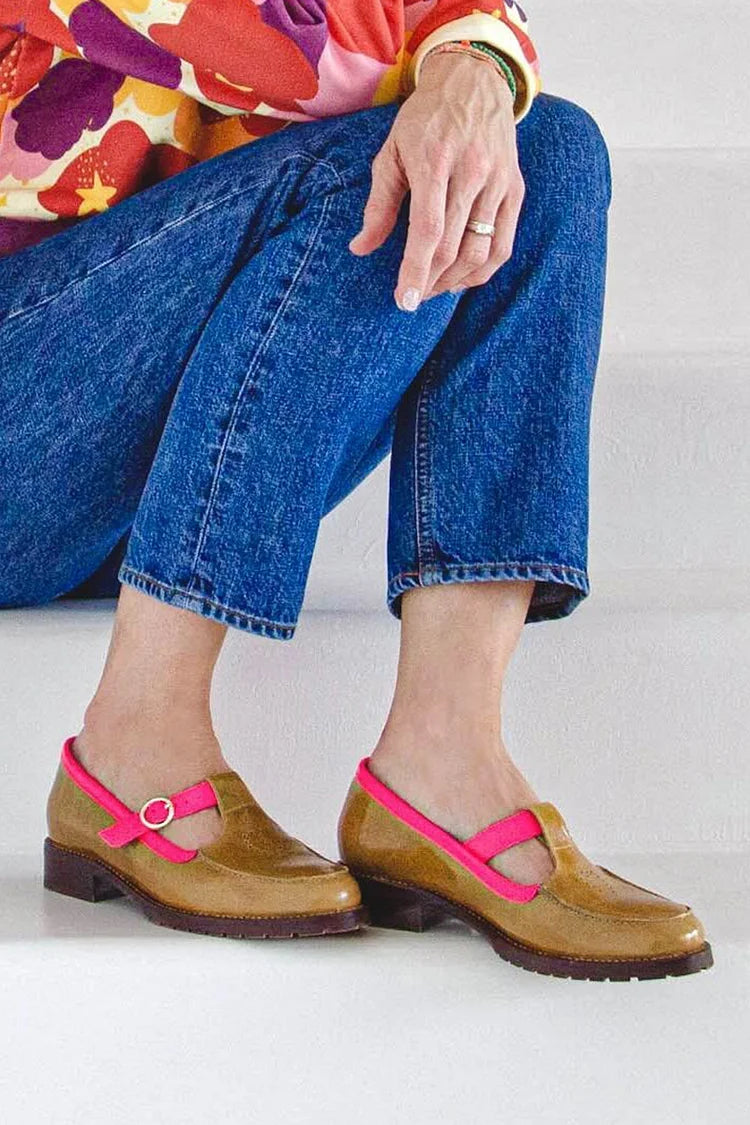 Colorblock Strap Buckle Round Toe Khaki Loafers [Pre Order] – uniydress