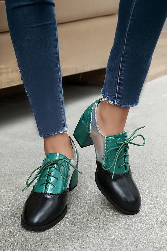 Lace Up Colorblock Round Toe Chunky Heel Brogue Oxfords
