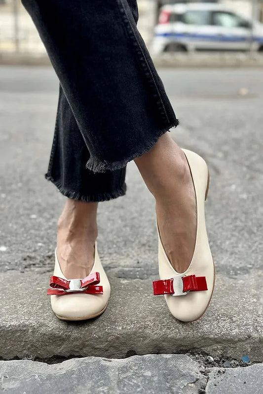 Colorblock Bow Decor Round Toe Beige Flats [Pre Order]