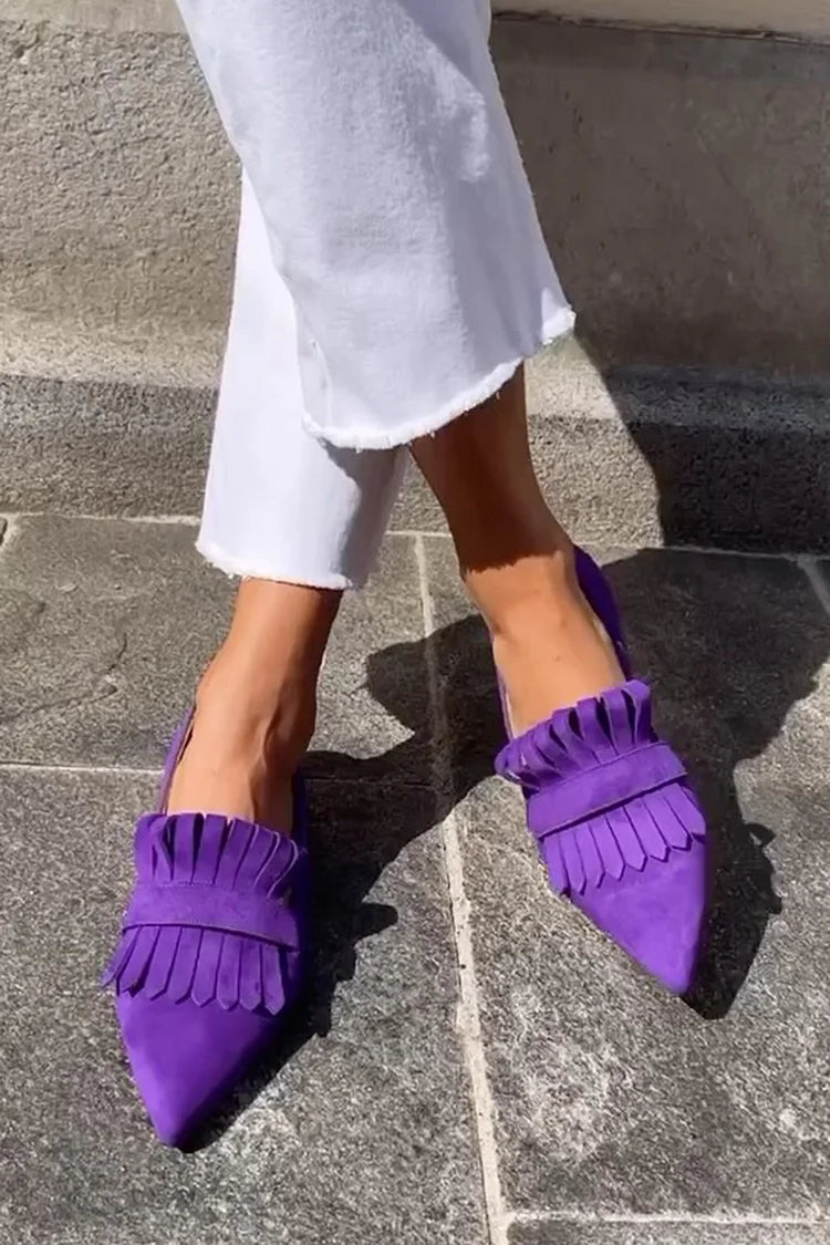 Ballerine viola con punta affilata e decorazione con frange in tinta unita [Pre-ordine]