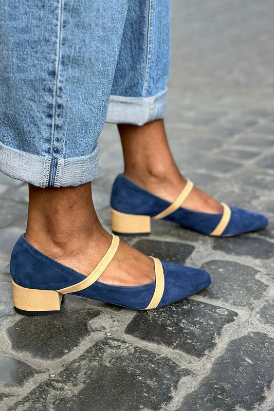 Colorblock Instep Straps Pointed Toe Navy Low Heels [Pre Order]