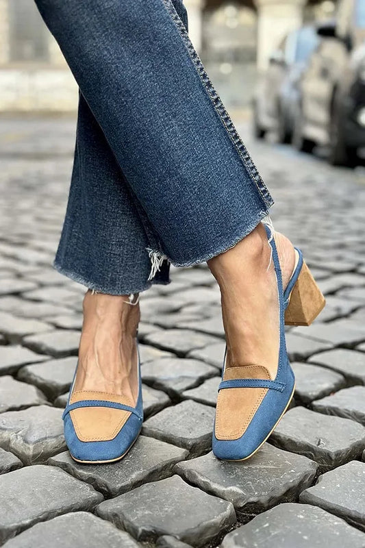 Square Toe Colorblock Slingback Blue Chunky Heels [Pre Order]