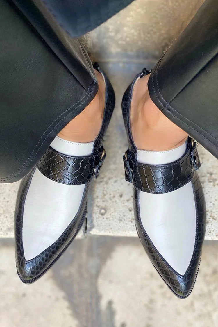 Colorblock Crocodile Print Pointed Toe White Loafers [Pre Order]