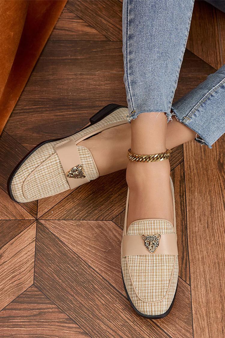 Metall Leopard Kopf Dekor Patchwork Quadratische Zehe Freizeit Slipper