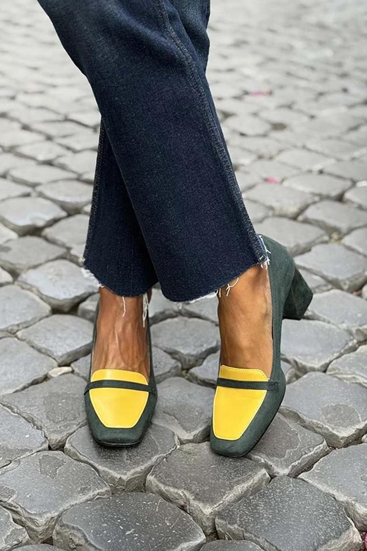 Décolleté con tacco a blocco e punta in pelle scamosciata color block [Pre-ordine]