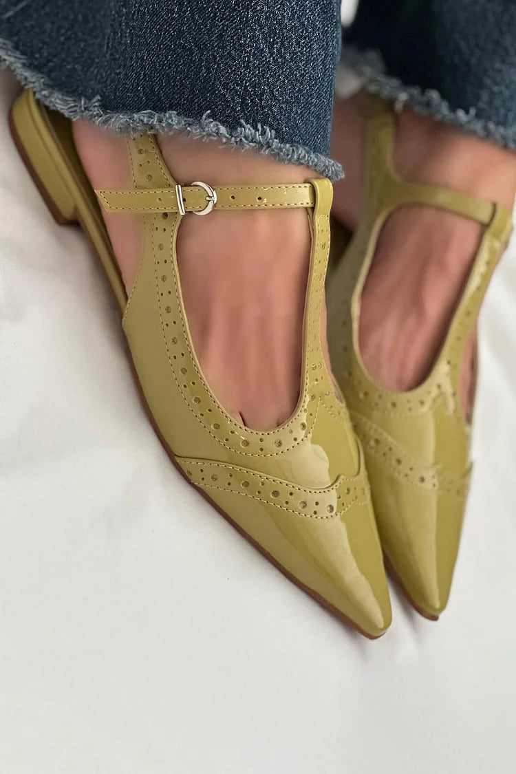 Patchwork Spitz zulaufende Zehen T-Riemen Schnallen Slingback grüne Ballerinas