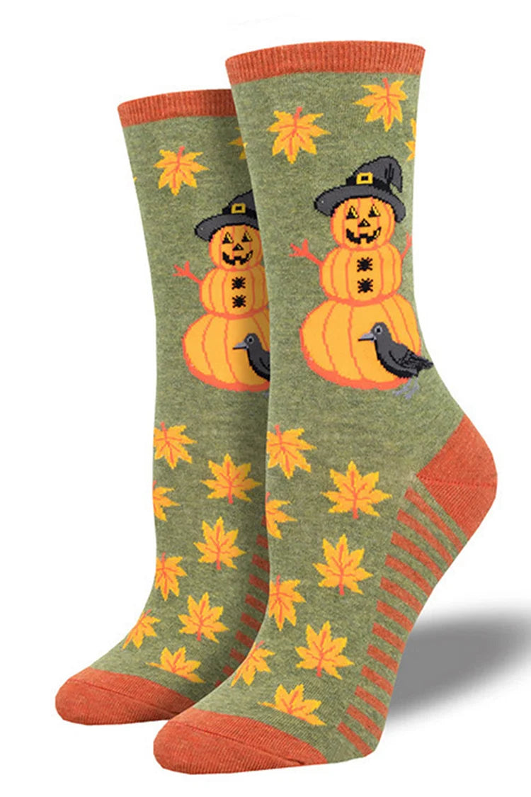 Calcetines de media pantorrilla con estampado de esqueleto, búho, calabaza, hoja de arce y bruja para Halloween 