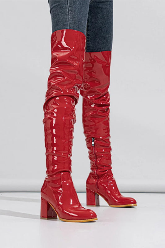 Solid Color Round Toe Chunky Heel Patchwork Zipper Over The Knee Boots