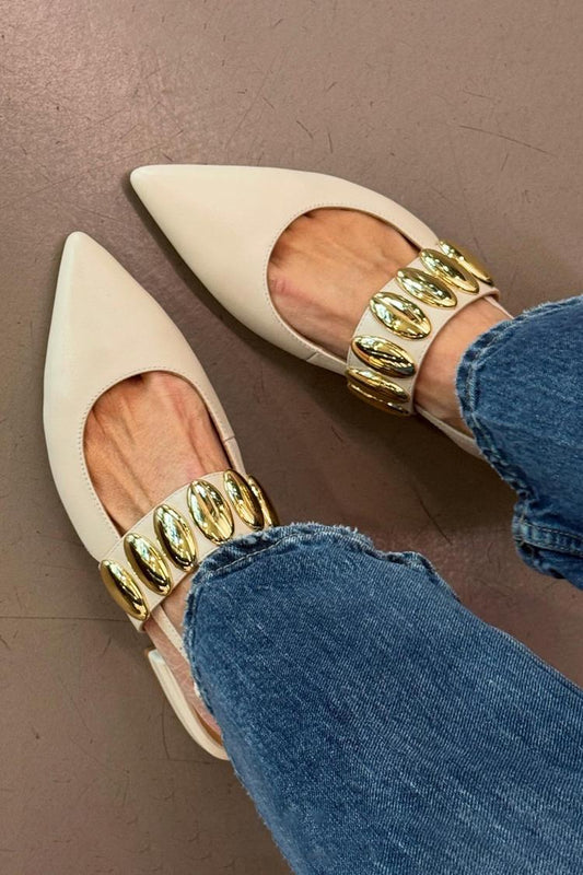 Metalowe ozdobne beżowe baleriny z odkrytą piętą i szpiczastym noskiem [Przedsprzedaż]