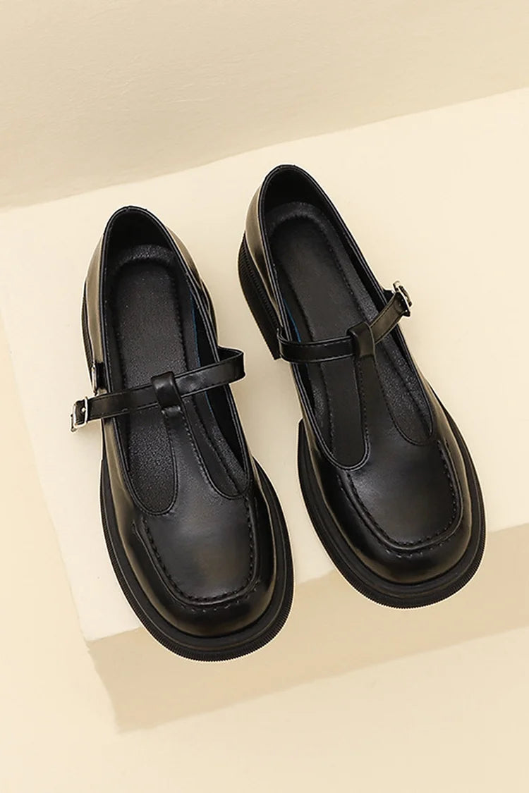 T-Strap Buckle Round Toe Stitch Detail Casual Loafers