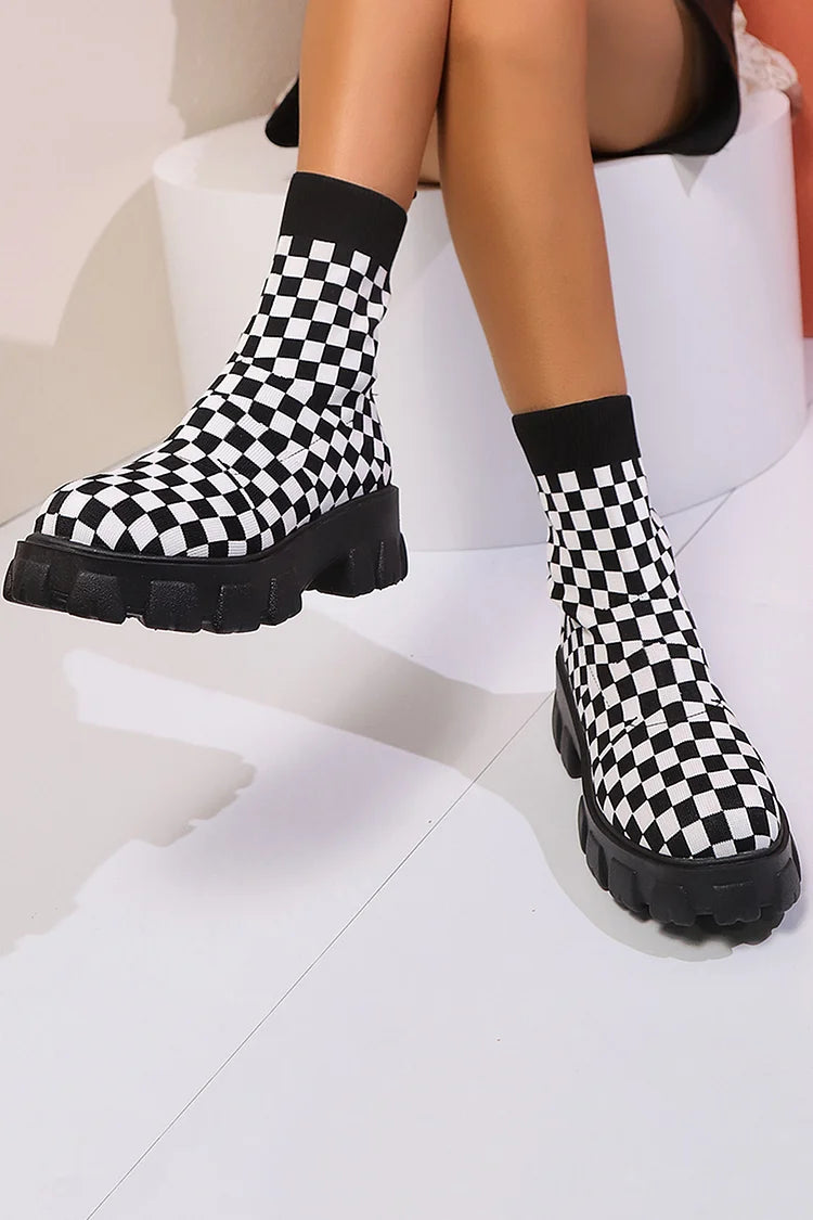 Knitted Checkerboard Pattern Round Toe Chunky Heel Ankle Boots