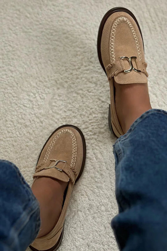Metalowe zdobienie, przeszycia, okrągły nosek, khaki loafers [Przedsprzedaż]