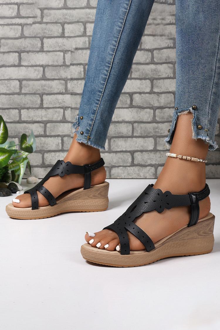 Sandali con zeppa casual da esterno con cinturino elastico traforato e punta rotonda