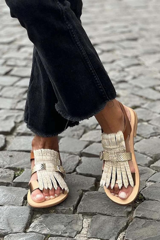 Sandali casual beige con punta rotonda e decori color block con frange [Pre-ordine]