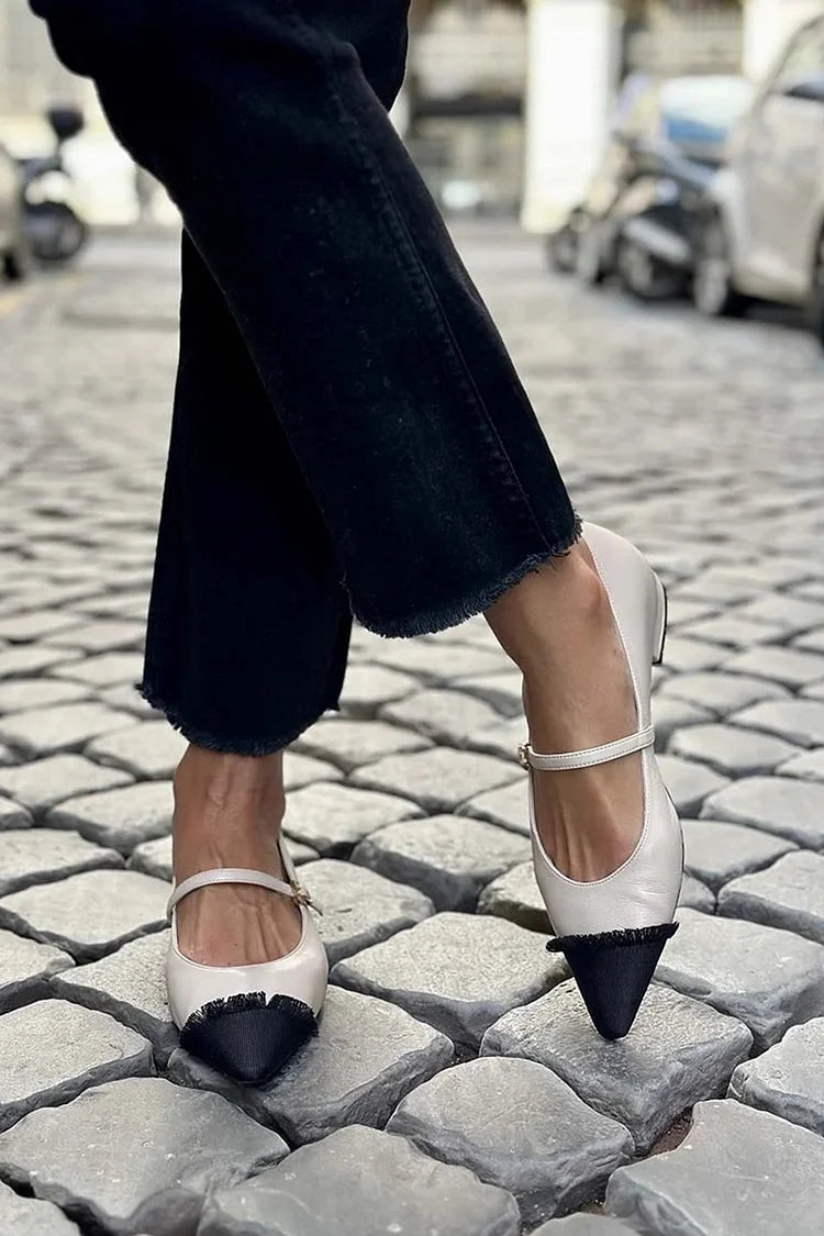 Patchwork Instep Strap Buckle Pointed Toe Ivory Flats [Pre Order]