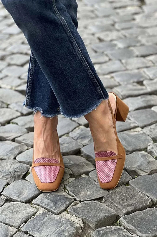 Patchwork Square Toe Slingback Brown Chunky Heels [Pre Order]