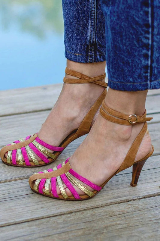 Fivela de Tira Estruturada para Tornozelo Salto Stileto Castanho Colorblock [Pré-Encomenda]