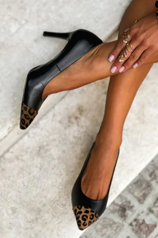 Patchwork Leopard Print Pointed Toe Black Stiletto Heels [Pre Order]