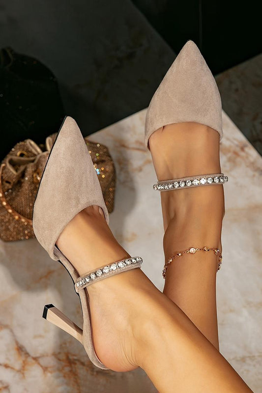 Sandali con tacco a spillo e cinturino sul collo del piede con decorazioni in strass 