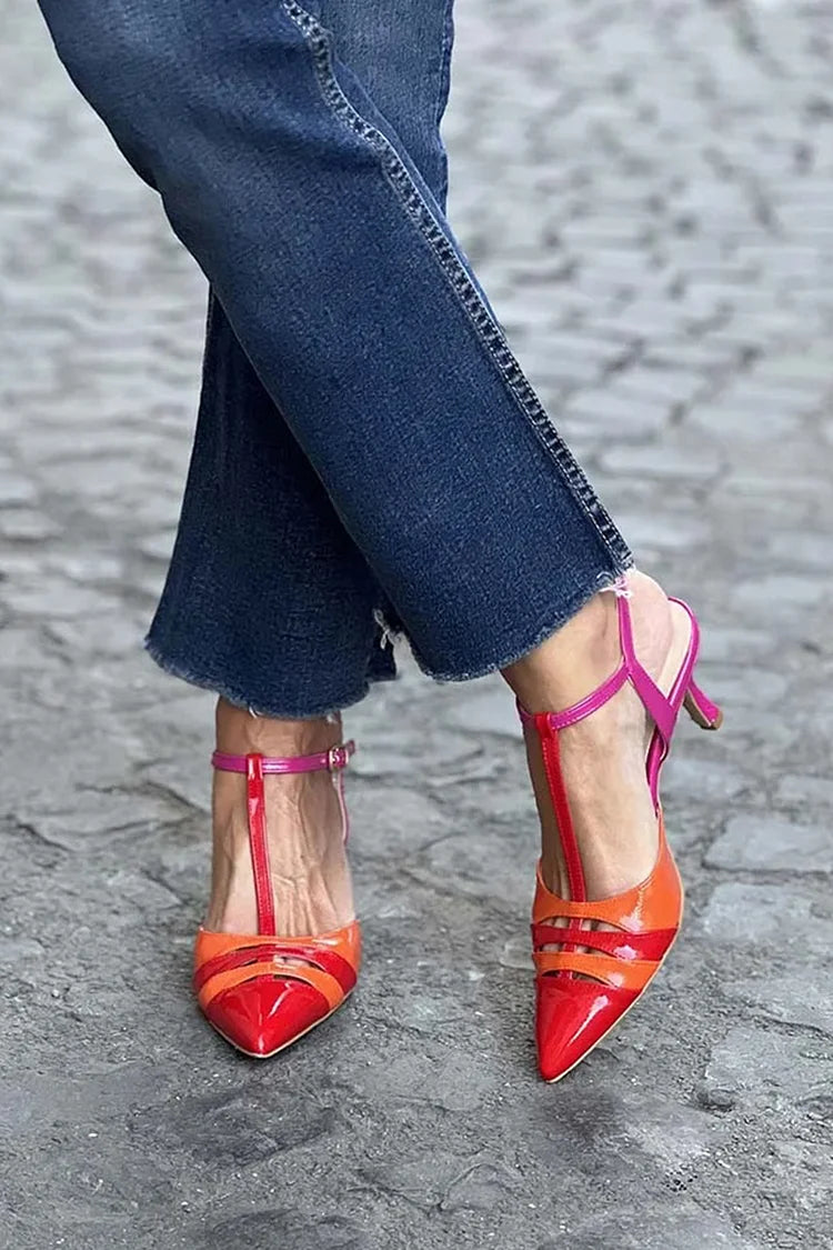 Tacones de aguja con punta puntiaguda y diseño calado en bloques de color rojo [pedido por adelantado]
