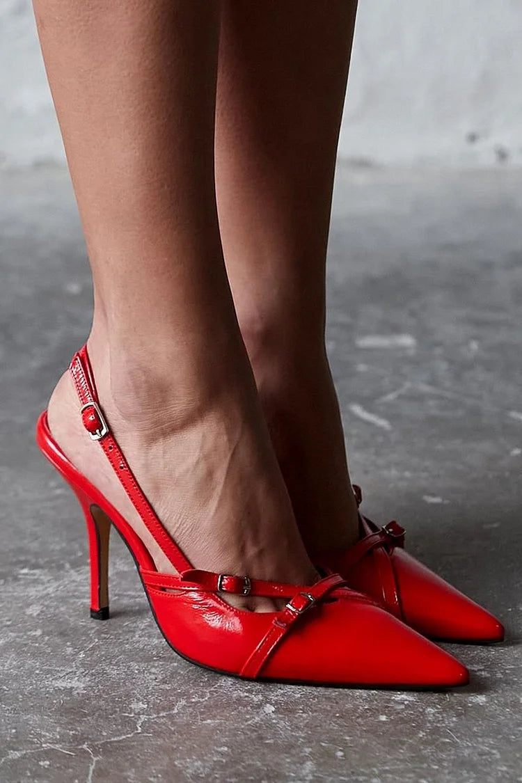 Criss Cross Slingback Buckle Pointy Toe Red Stiletto Heels [Pre Order]