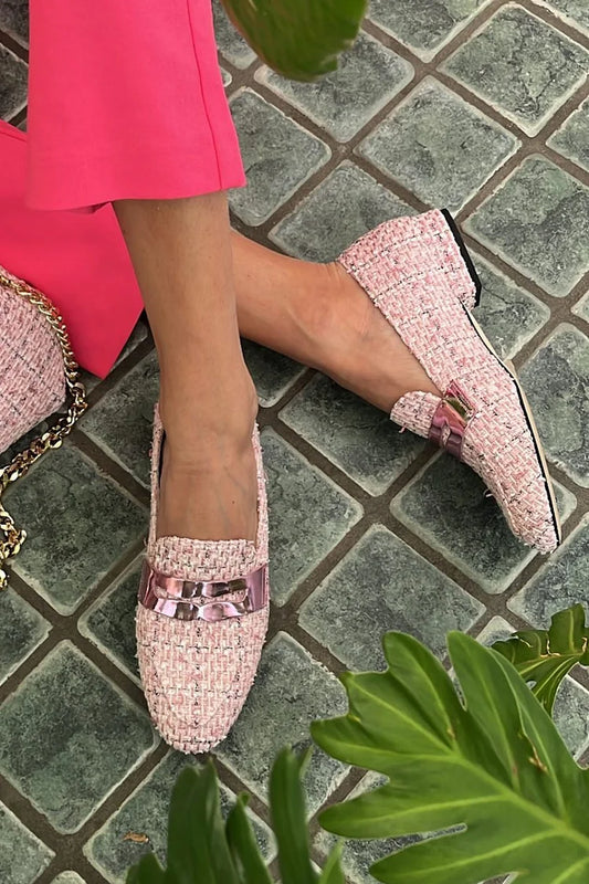 Mocassins rosa com retalhos de brilho metálico e biqueira redonda [Pre Order]