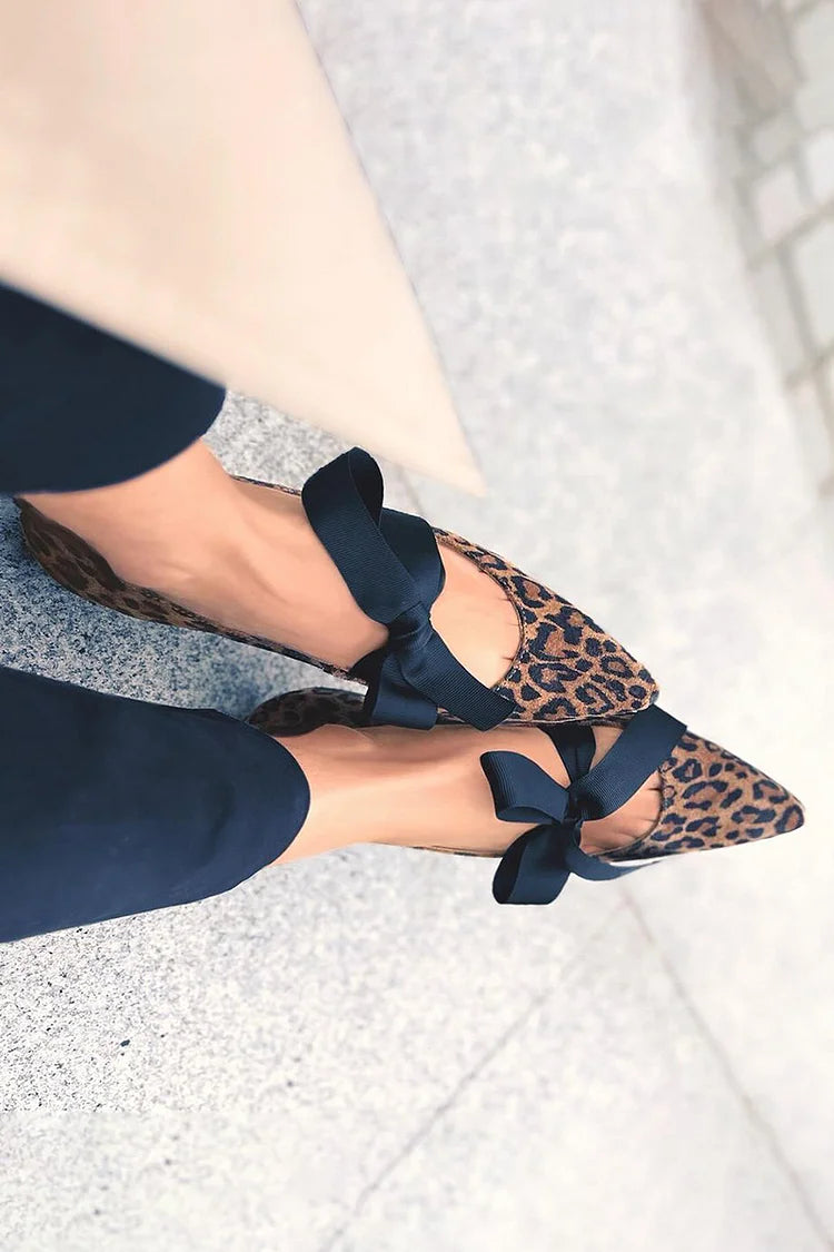 Leopard Print Tied Up Pointed Toe Brown Flats [Pre Order]