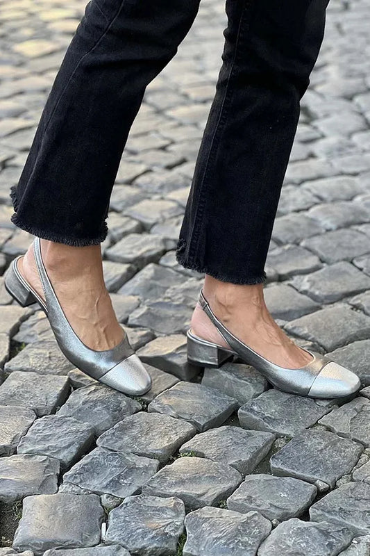 Sandali con tacco colorblock e punta tonda argentati [Pre-ordine]