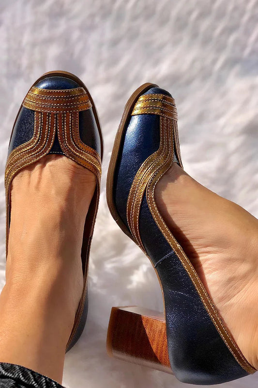 Metallic Sheen Patchwork Stitch Detail Elegant Navy Chunky Heels