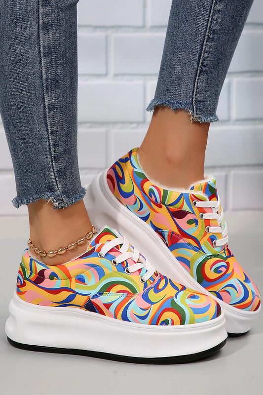 Multicolor Abstract Print Faux Fur Lined Round Toe Lace Up Sneakers