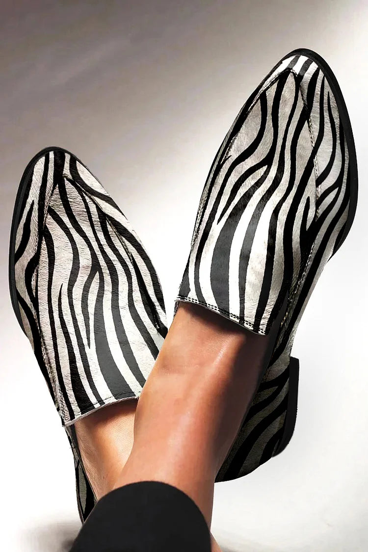 Zebra Print Pointed Toe Casual White Leather Loafers [Pre Order]