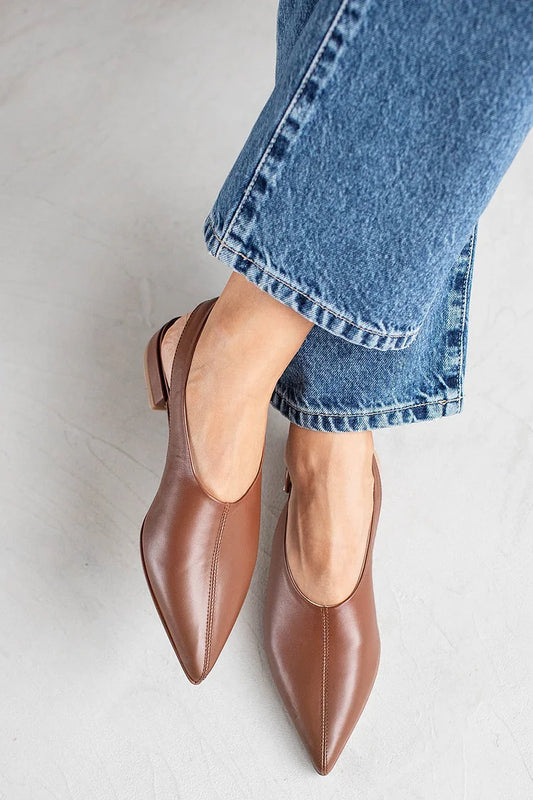 Solid Color Pointed Toe Slingback Brown Flats [Pre Order]