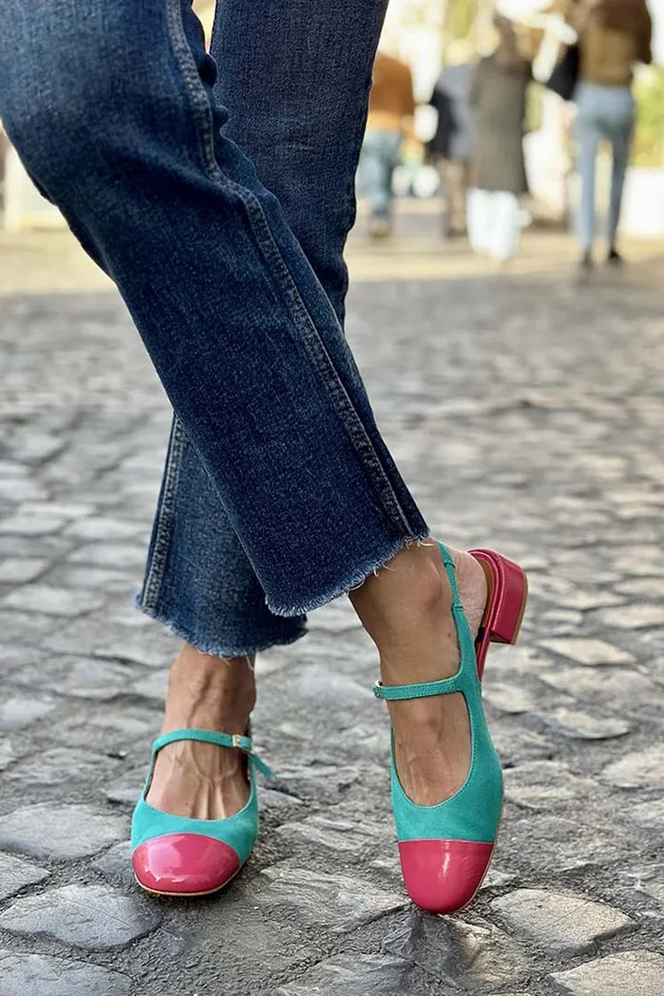 Zapatos de tacón bajo con tiras en el empeine, hebillas y diseño de bloques de color verde [pedido por adelantado] 
