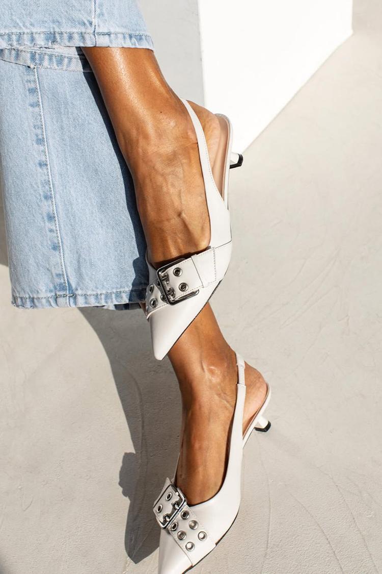 Pointed Toe Strap Buckle Decor Slingback White Kitten Heels [Pre Order]
