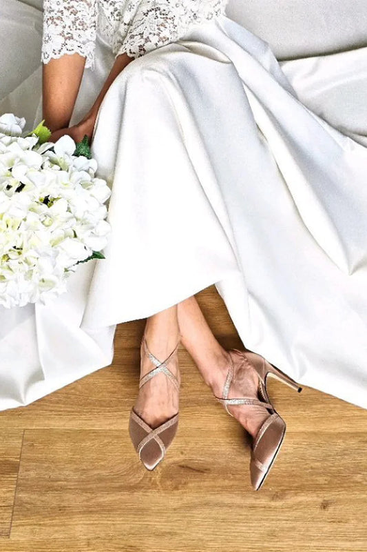 Scarpe col tacco a spillo marroni con cinturino incrociato patchwork e punta affilata [Pre-ordine] 