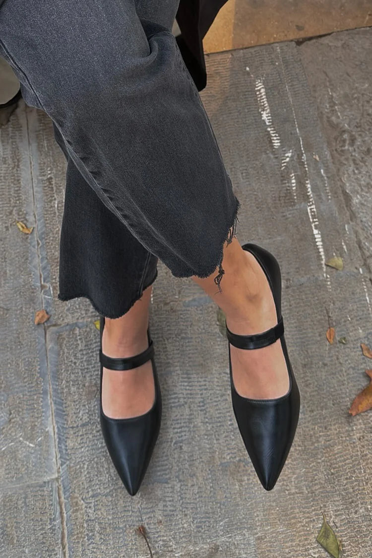 Solid Color Instep Strap Pointed Toe Black Flats [Pre Order]