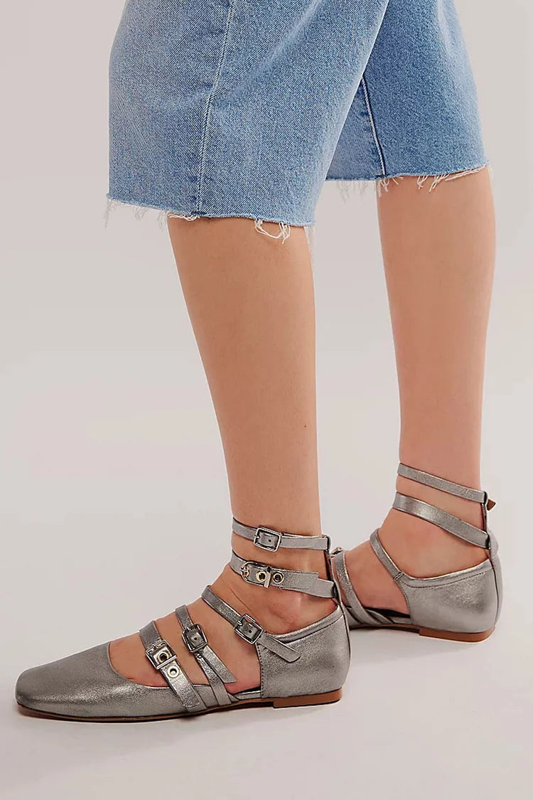 Ballerines argentées à éclat métallique, bout carré, boucles à multiples sangles sur mesure [Précommande]