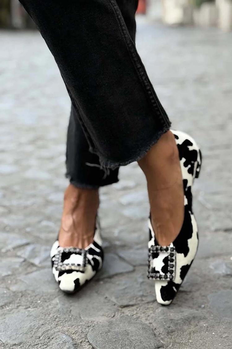 Square Decor Cow Print Pointed Toe Casual White Flats [Pre Order]