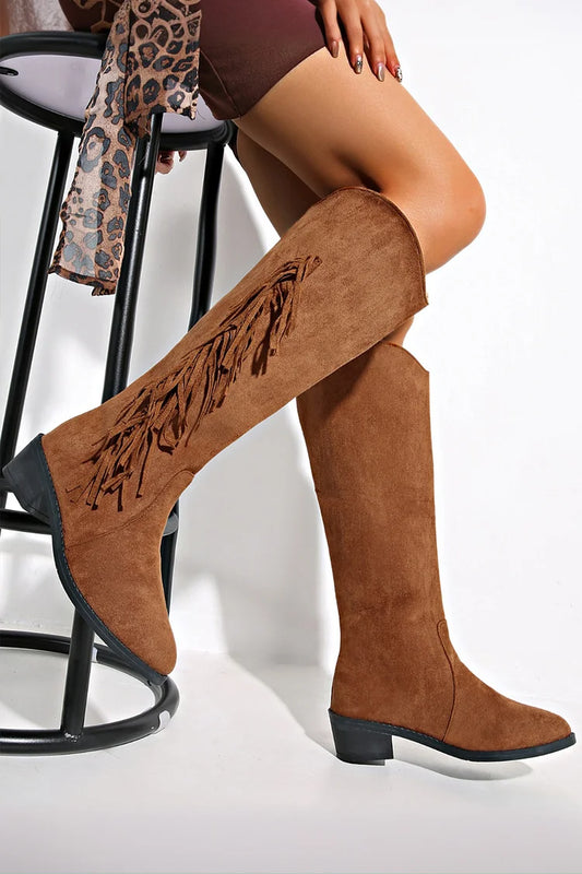 Fringe Patchwork Solid Color Pointed Toe Chunky Heel Knee High Boots