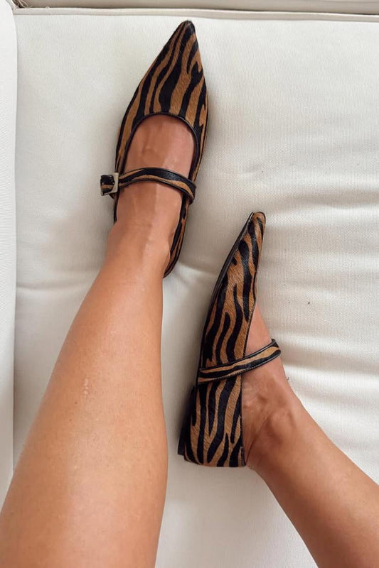 Zebra Print Instep Strap Buckle Pointed Toe Brown Flats [Pre Order]
