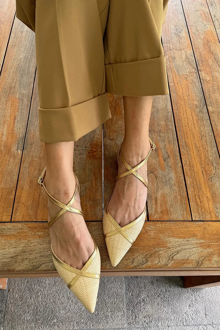 Scarpe basse gialle con cinturino incrociato e punta patchwork [Pre-ordine] 